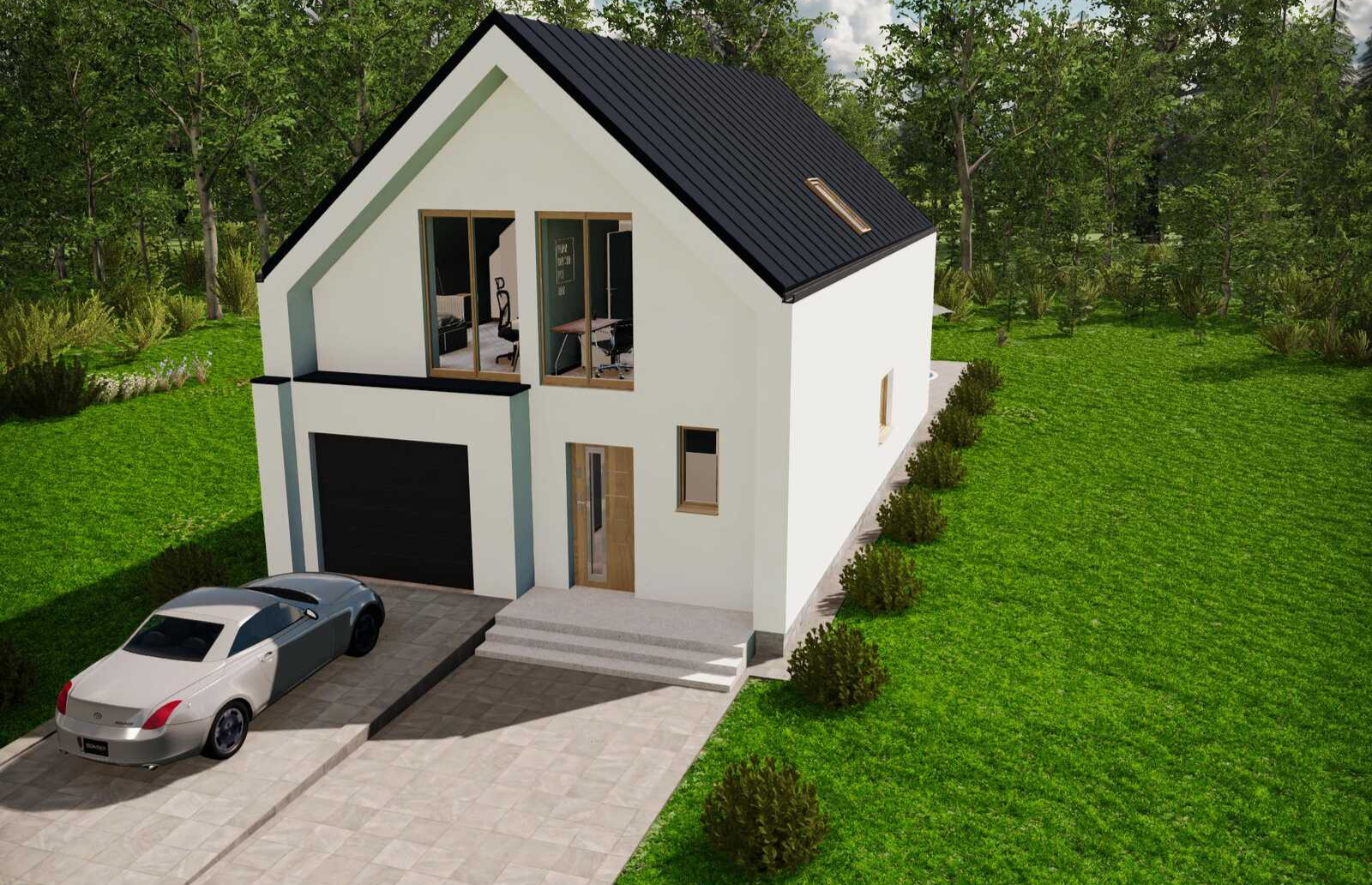 Nowoczesny, biały dom z czarnym dachem, dwupiętrowy, z garażem, otoczony zielonym ogrodem i samochodem na podjeździe.