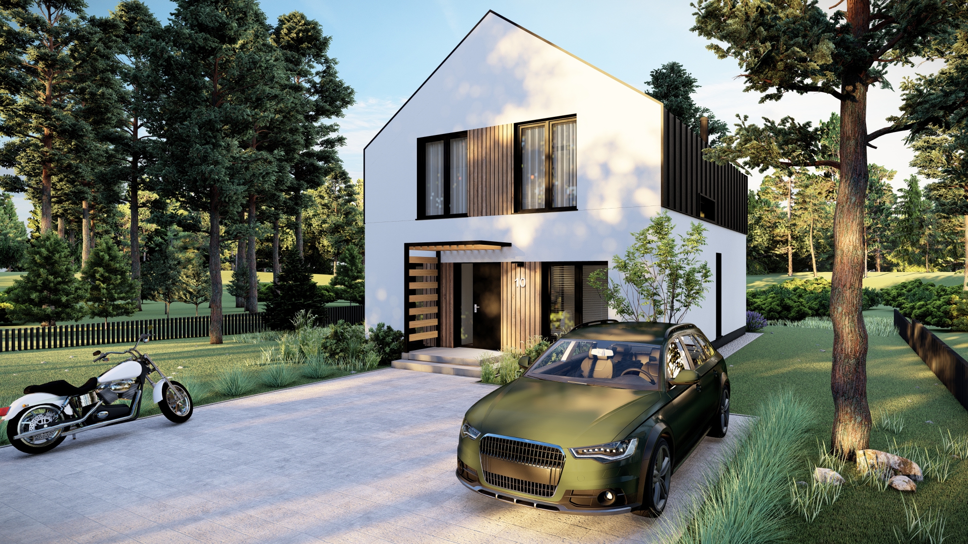 Nowoczesny dom jednorodzinny otoczony lasem, z zaparkowanym samochodem i motocyklem na podjeździe.