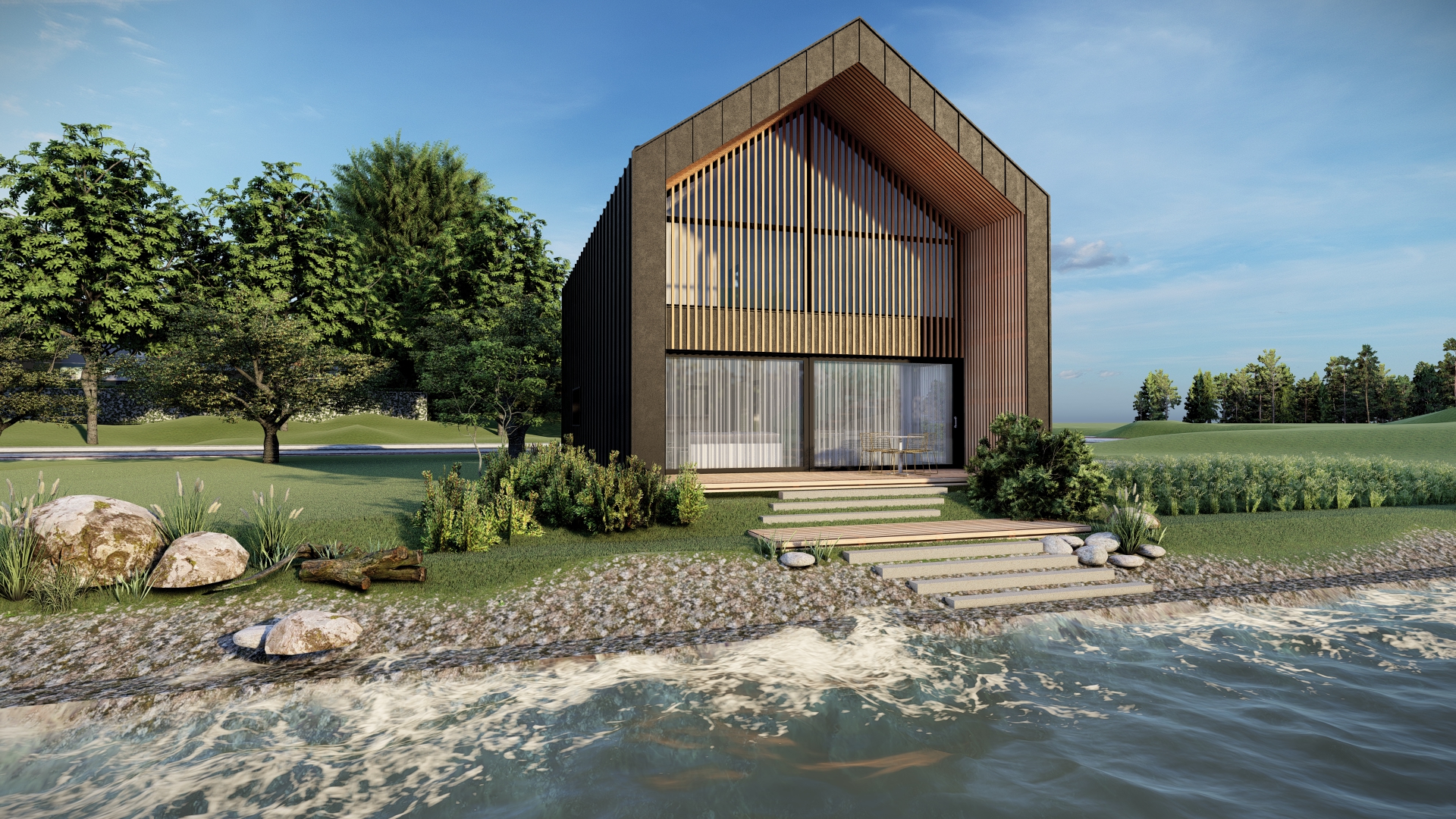 Nowoczesny dom nad jeziorem, otoczony zielenią i spokojnymi falami, idealne miejsce na relaks w naturze.