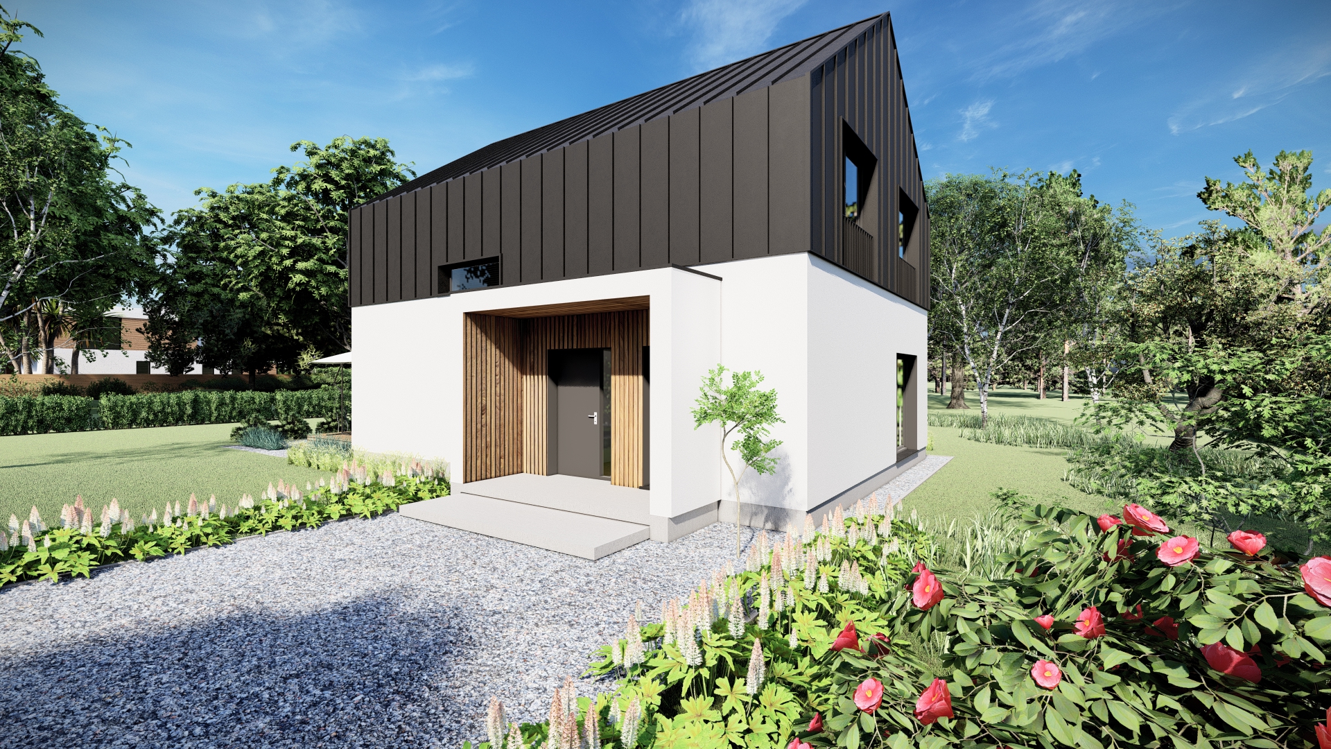 Nowoczesny dom z ciemnym dachem otoczony ogrodem i zielonymi drzewami w słoneczny dzień.