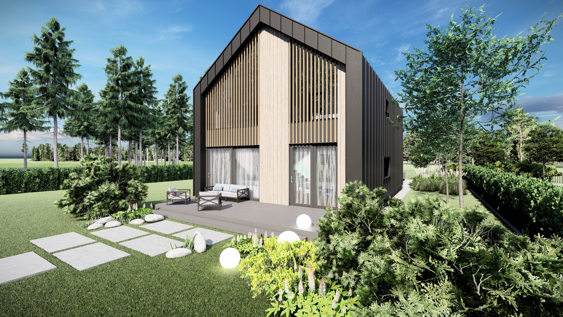 Nowoczesny dom z drewnianymi elementami i tarasem w otoczeniu zieleni i drzew, pod niebieskim niebem.