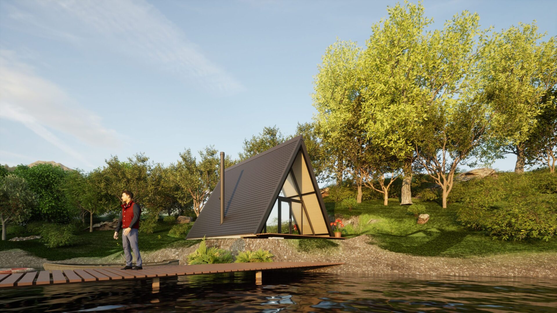 Domek typu A-frame nad jeziorem, otoczony drzewami, z mężczyzną na pomoście przy spokojnej wodzie.