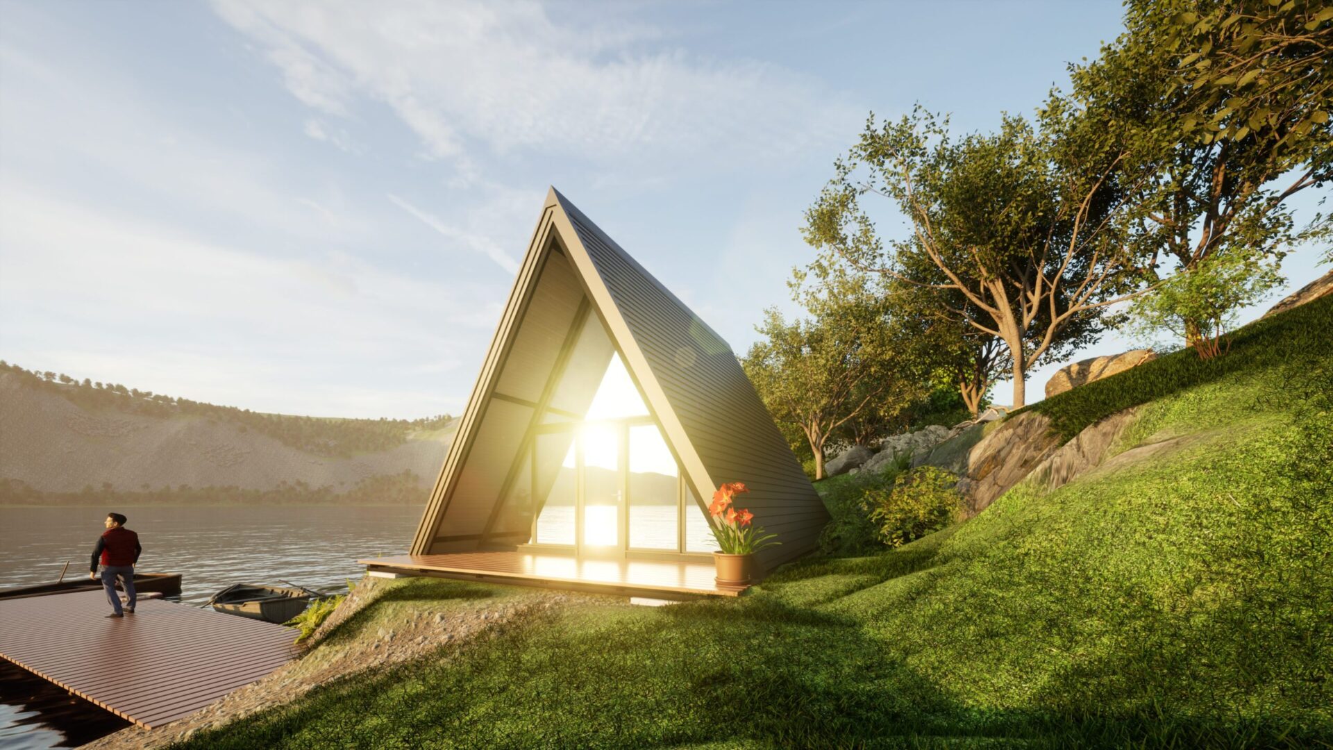 Domek w kształcie litery A nad jeziorem, otoczony naturą i oświetlony promieniami słońca, idealny na relaks.