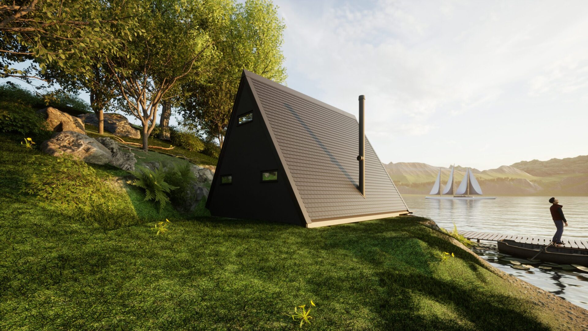 Mały domek a-frame nad jeziorem, otoczony zielenią i drzewami, w tle żaglówki na wodzie. Idealne miejsce na wypoczynek.