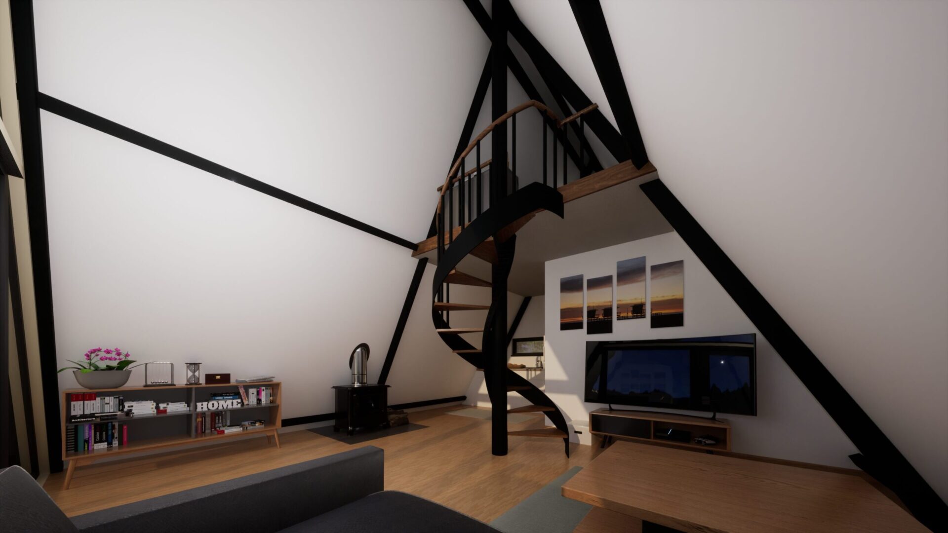 Nowoczesne poddasze z drewnianą spiralną klatką schodową, dekoracyjnymi obrazami i eleganckim wnętrzem.