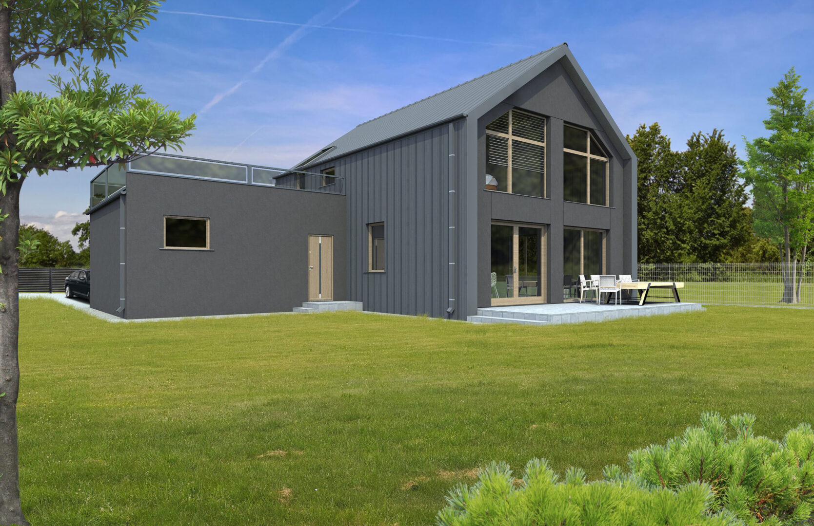 Nowoczesny dom z dużymi oknami na tle zielonego trawnika i drzew w słoneczny dzień.