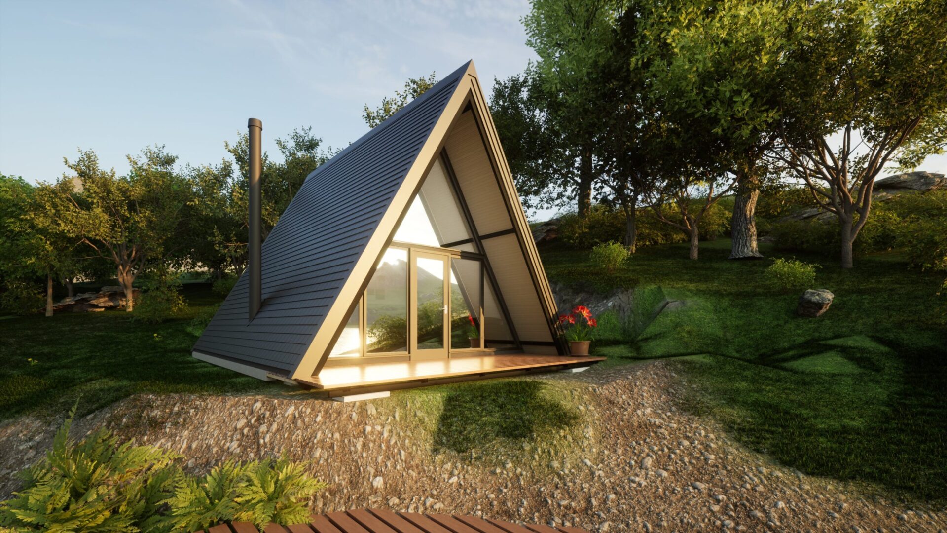 Nowoczesny domek typu A-frame w otoczeniu zieleni, idealny na wypoczynek wśród natury.