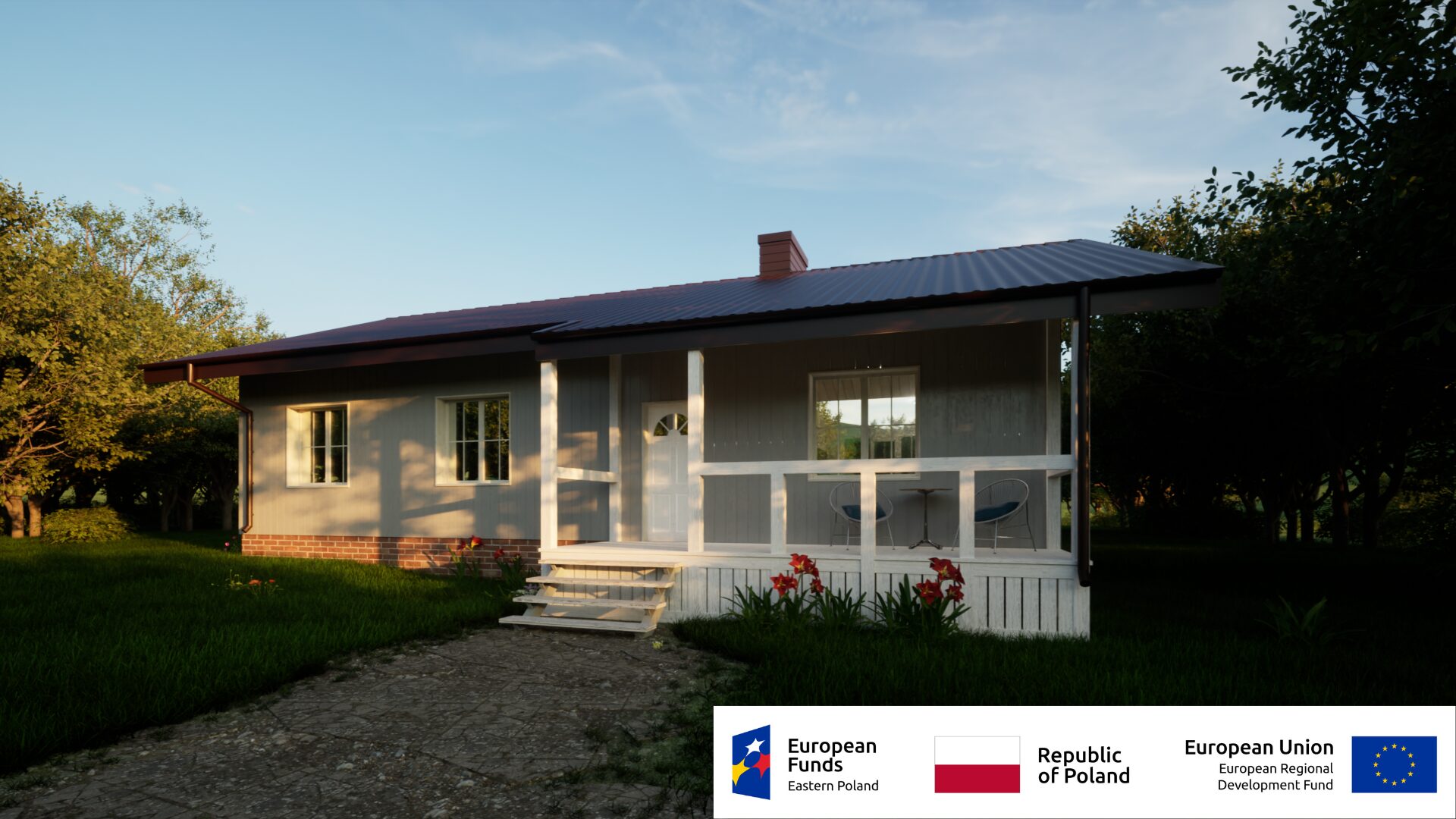 Dom jednorodzinny w otoczeniu zieleni, frontowa weranda, projekt wspierany przez fundusze UE i Polskę.