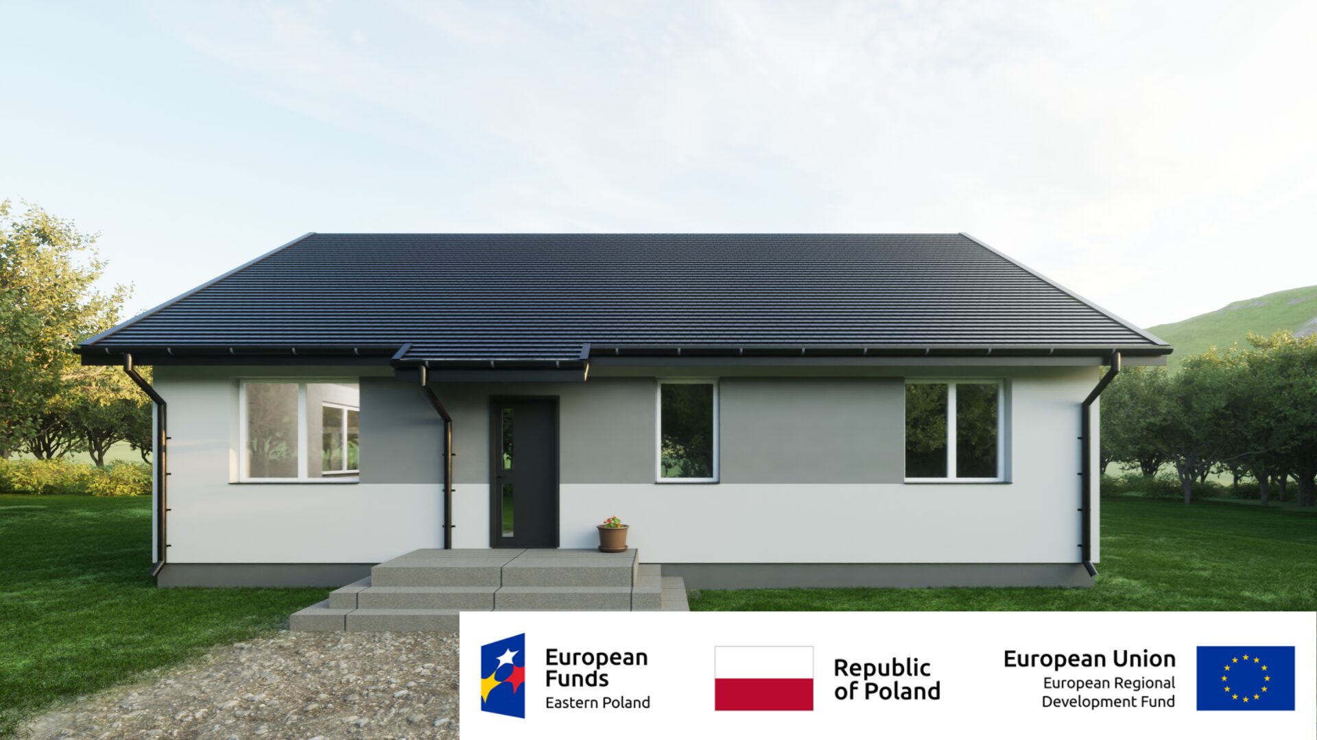 Dom jednorodzinny w otoczeniu zieleni, projekt współfinansowany przez Fundusze Europejskie i Polskę.