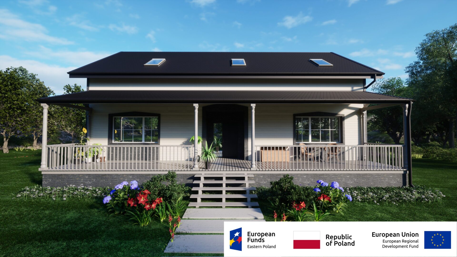 Dom z werandą otoczony zielenią, wspierany przez Fundusze Europejskie i RPO z Polską oraz UE.
