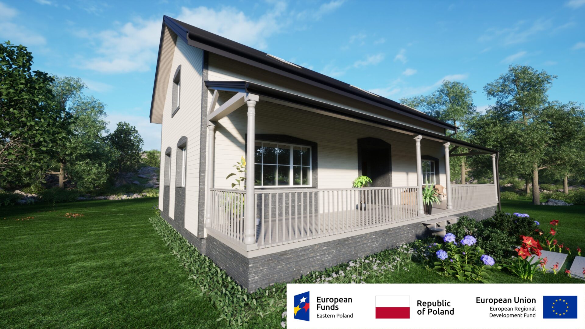 Domek jednorodzinny z dużym tarasem, otoczony zielenią i kwiatami, wspierany przez Fundusze Europejskie w Polsce.