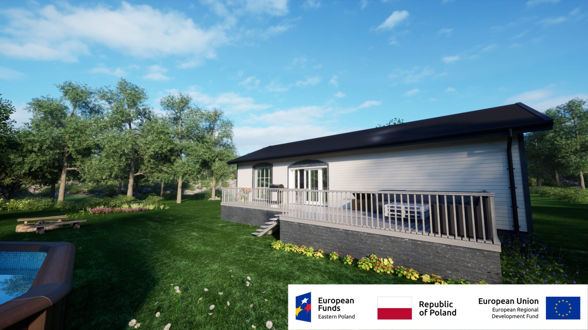 Drewniany dom z tarasem wśród zieleni, współfinansowany przez fundusze europejskie, z widokiem na las i ogród.