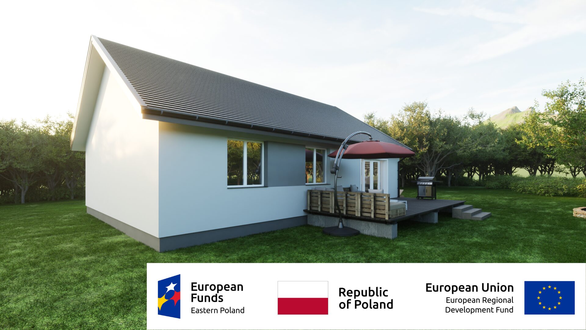 Jednopiętrowy dom z tarasem otoczony zielenią, wspierany przez fundusze unijne na rozwój wschodniej Polski.