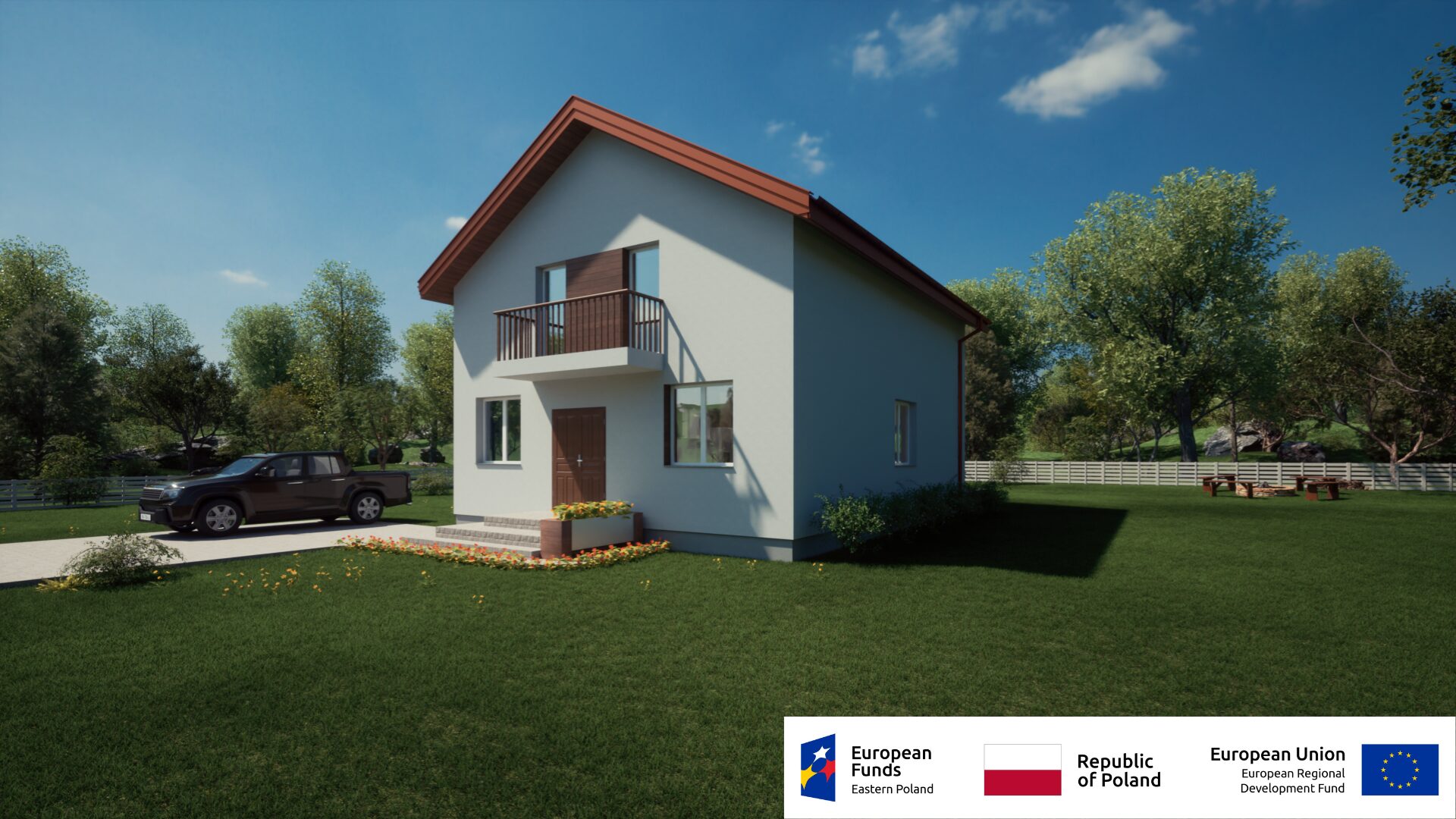Jednorodzinny dom z ogródkiem i zaparkowanym samochodem, finansowany z funduszy europejskich w Polsce.