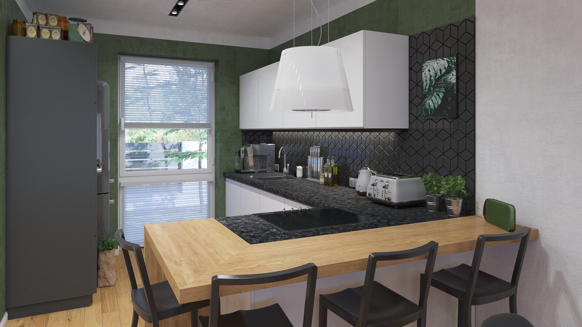 Nowoczesna kuchnia z zielonymi ścianami, drewniany blat, czarny backsplash, duże okno i sprzęty AGD na blacie.