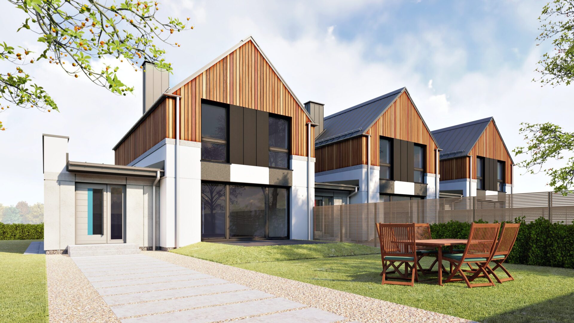 Nowoczesne domy jednorodzinne z drewnianymi elewacjami i ogrodem, na tle słonecznego nieba.