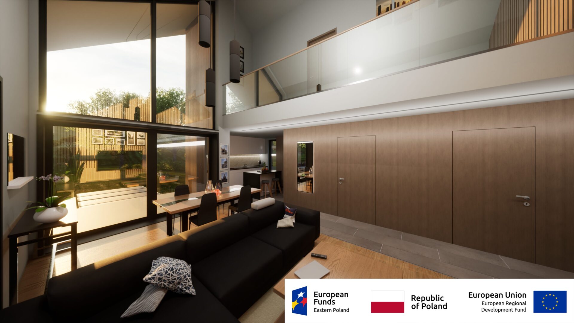 Nowoczesne wnętrze domu z dużymi oknami, meblami w skandynawskim stylu i widokiem na ogród w promieniach zachodzącego słońca.