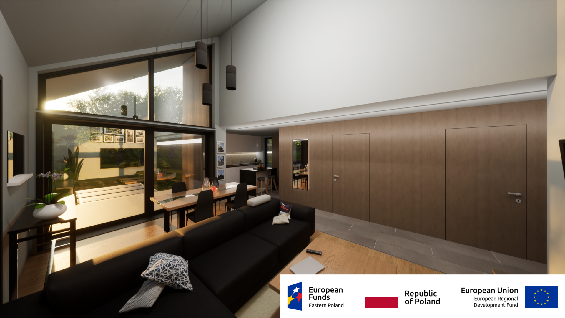 Nowoczesne wnętrze domu z widokiem na ogród, drewniane elementy, przestronny salon i kuchnia na otwartym planie.