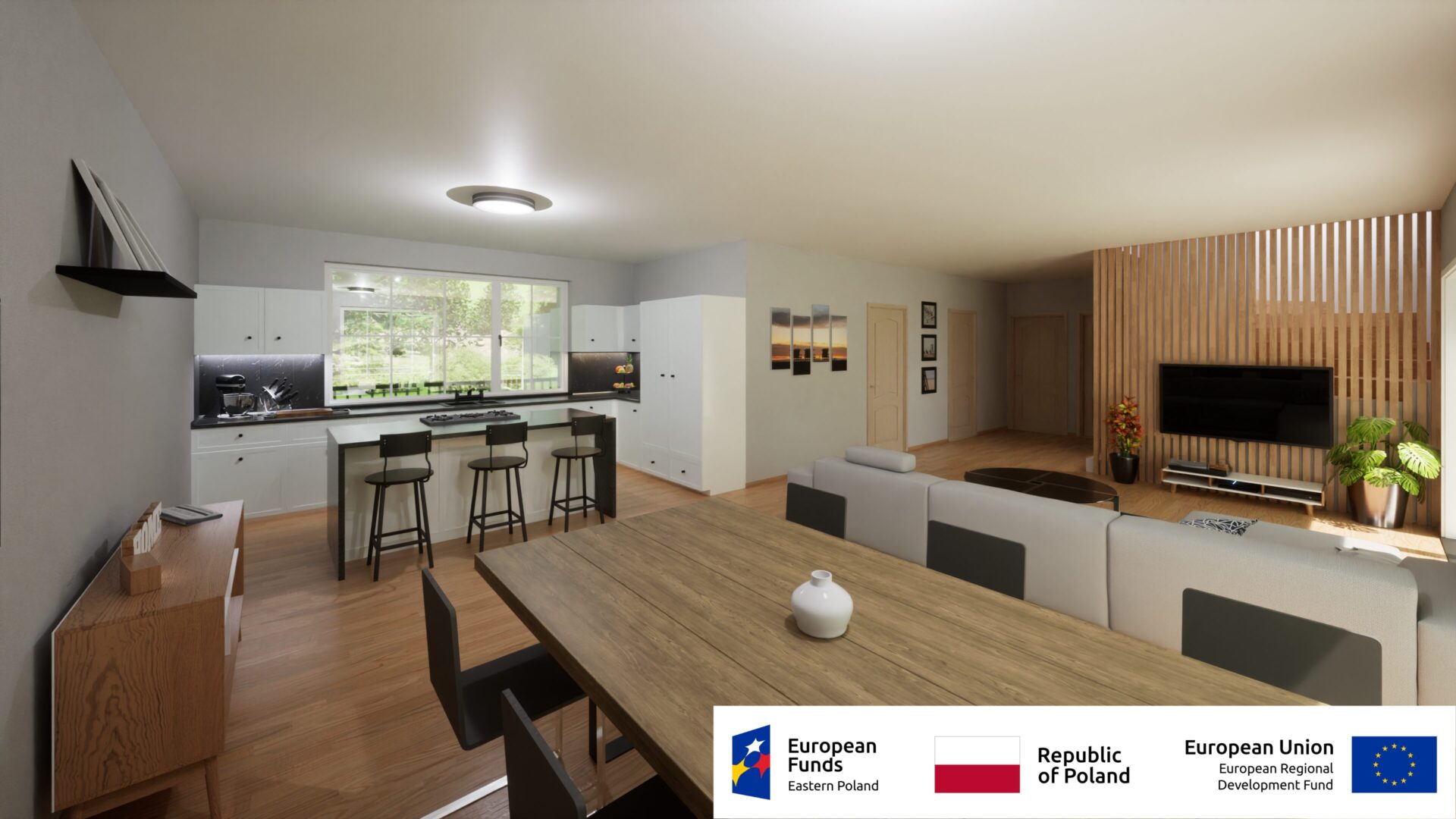 Nowoczesne wnętrze salonu z aneksem kuchennym, drewniane wykończenia, przestrzeń do relaksu i gotowania.