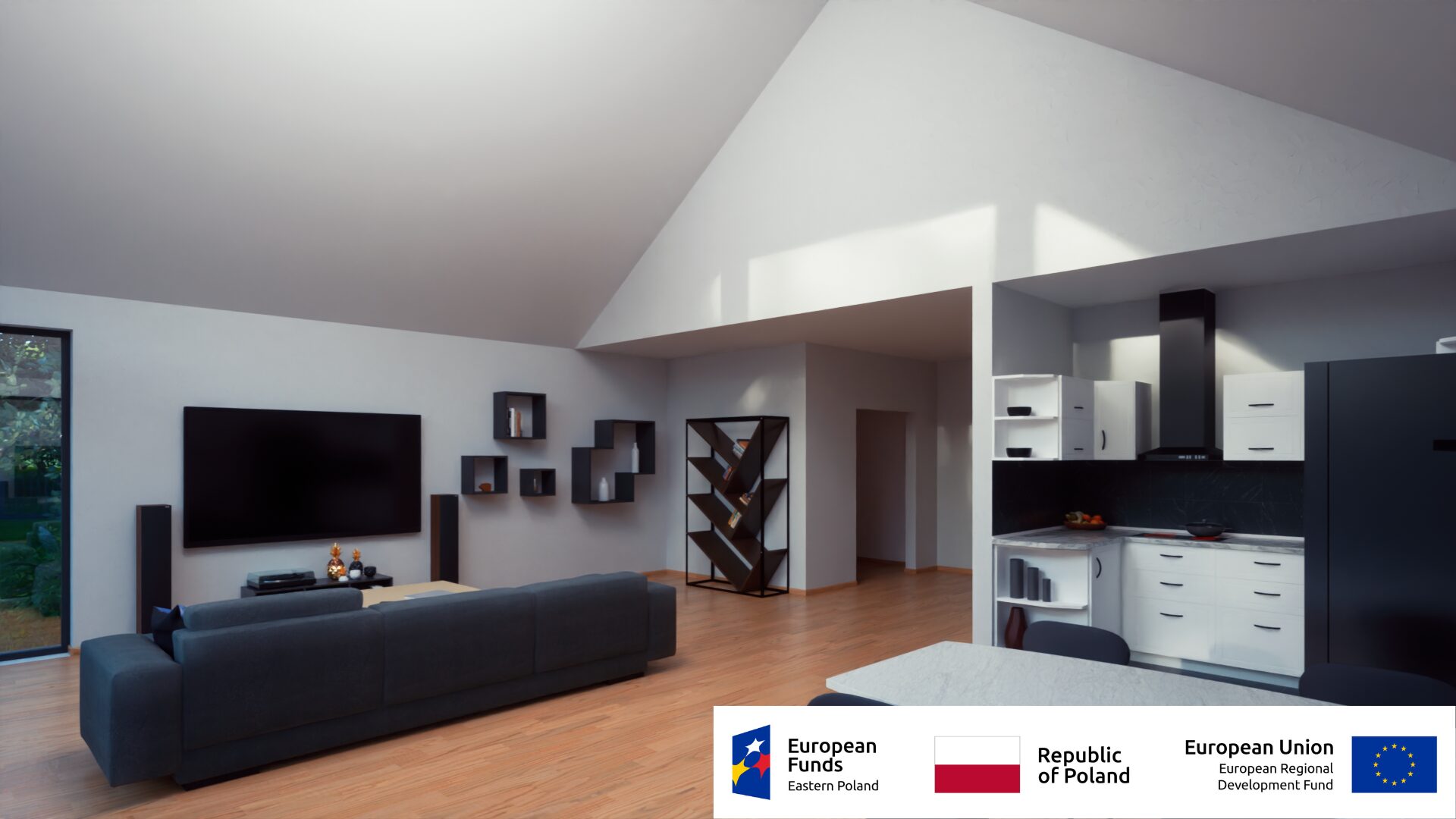 Nowoczesne wnętrze salonu z aneksem kuchennym, telewizorem i minimalistycznym wystrojem.