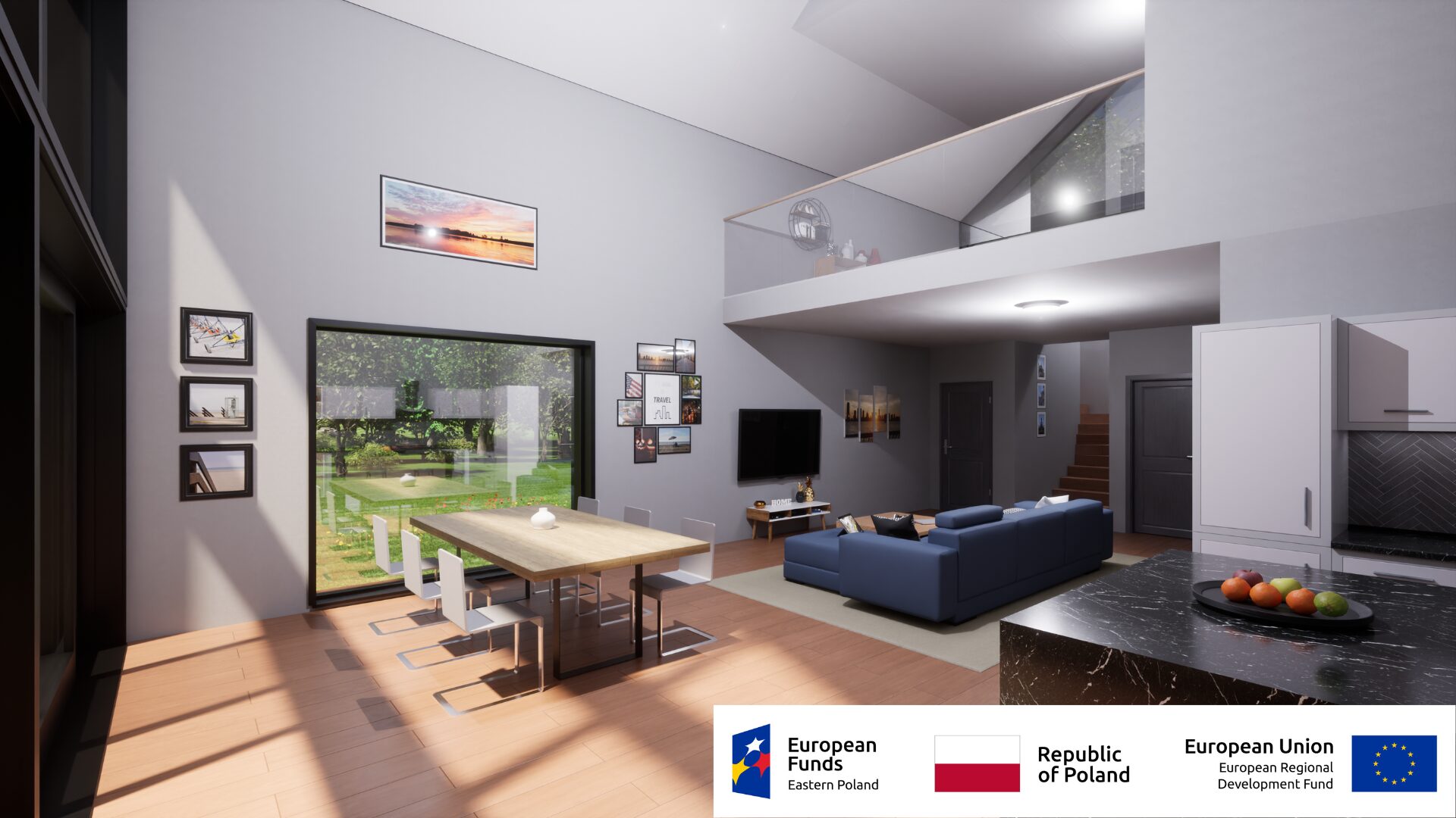 Nowoczesne wnętrze salonu z dużym oknem, wygodną sofą i widokiem na ogród, projekt unijny.