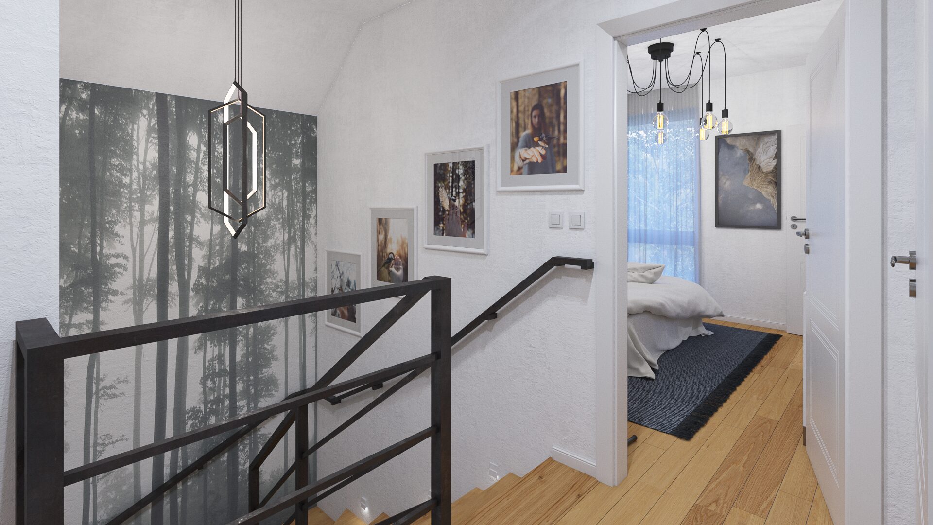 Nowoczesne wnętrze z drewnianą podłogą, ściennymi obrazami lasu i sypialnią w tle.