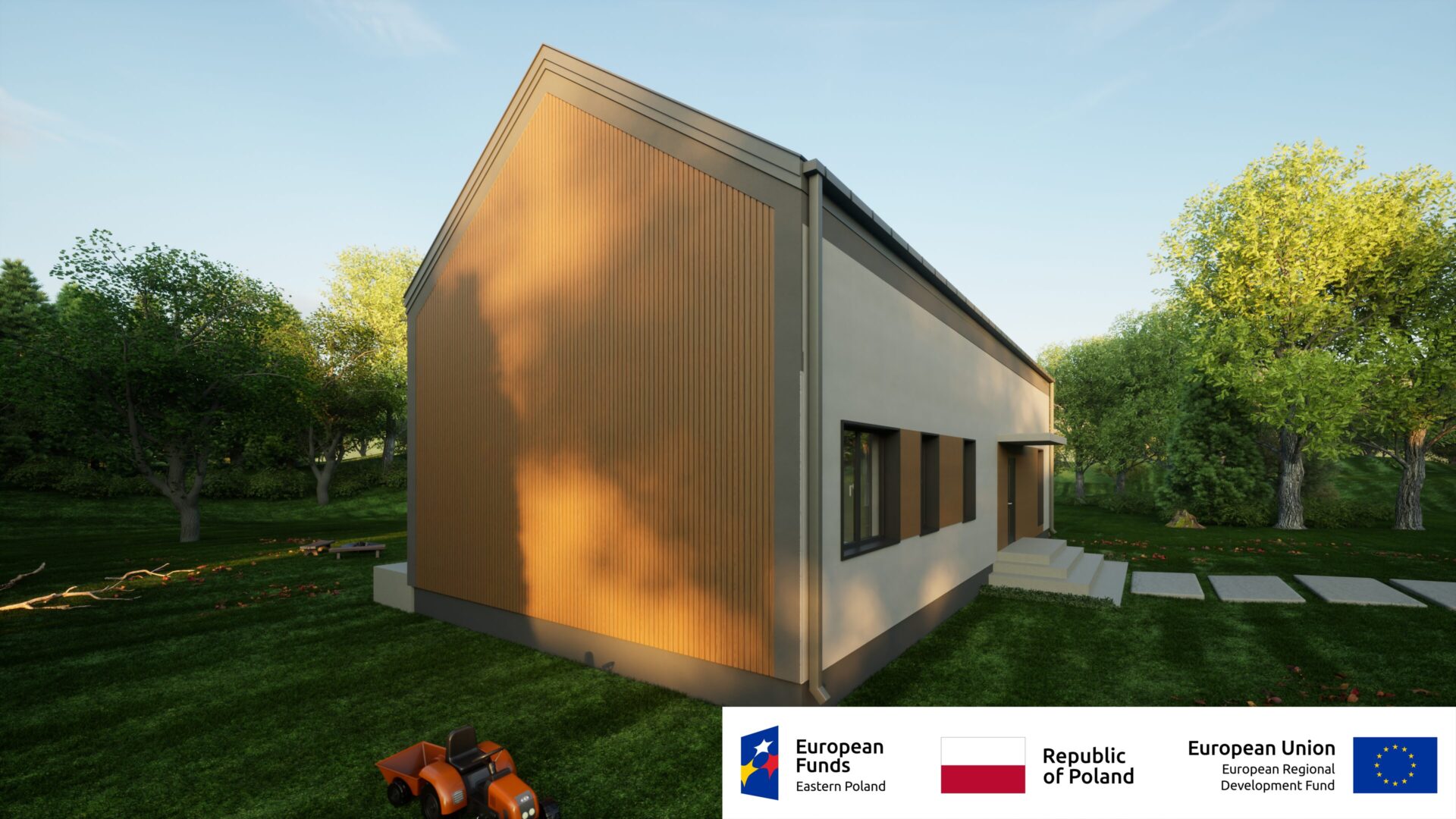 Nowoczesny budynek przyjazny środowisku otoczony zielenią, dofinansowany z funduszy europejskich.