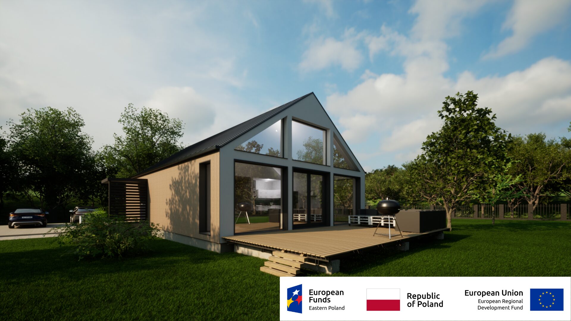 Nowoczesny dom drewniany z dużymi oknami na tarasie, otoczony zielenią, współfinansowany przez fundusze Unii Europejskiej.