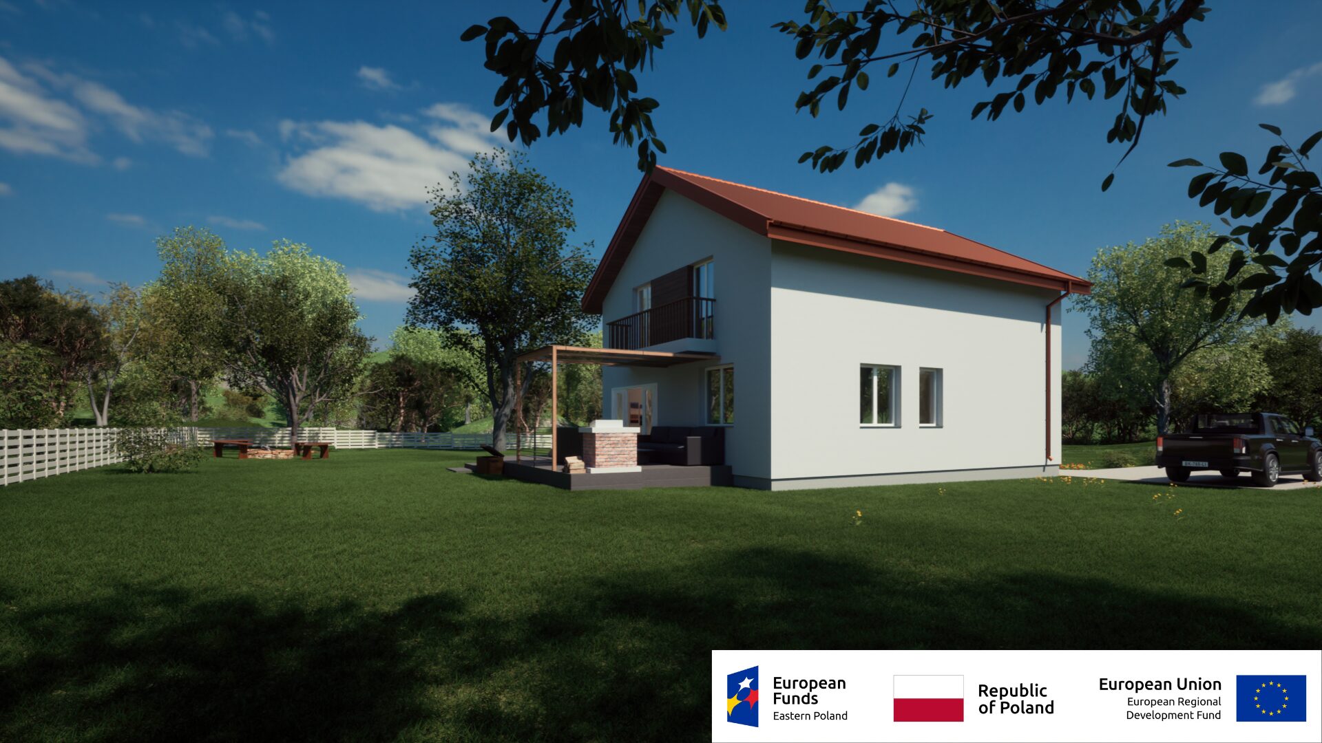 Nowoczesny dom jednorodzinny na tle zielonego ogrodu z drzewami, słońce, samochód przy posesji.