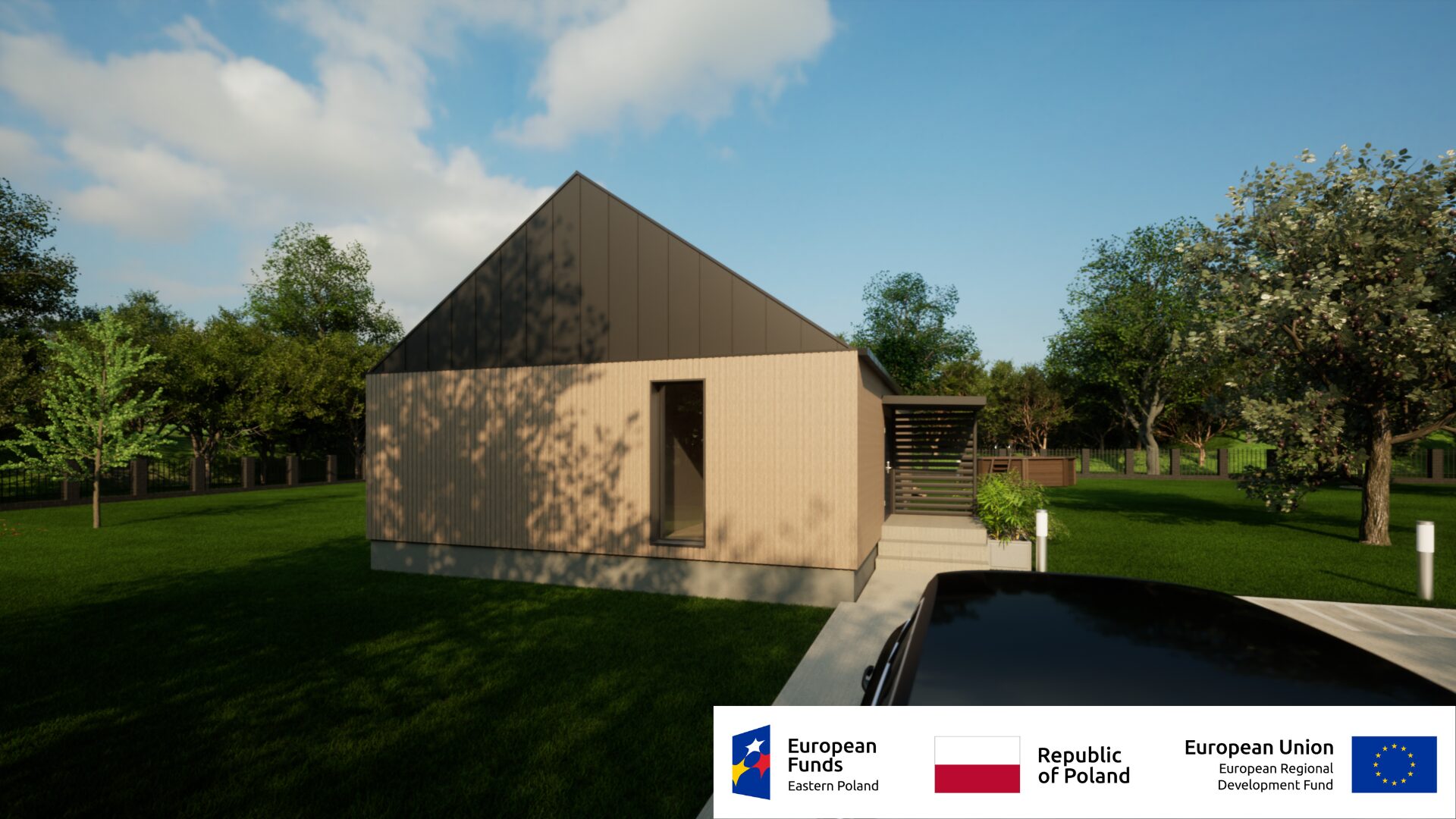 Nowoczesny dom jednorodzinny otoczony zielenią, finansowany z funduszy europejskich, Polska.