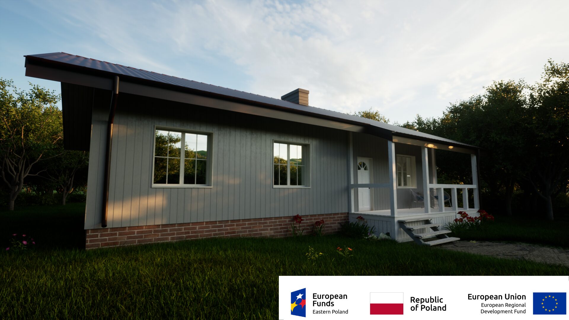 Nowoczesny dom jednorodzinny otoczony zielenią, wsparty przez fundusze europejskie.
