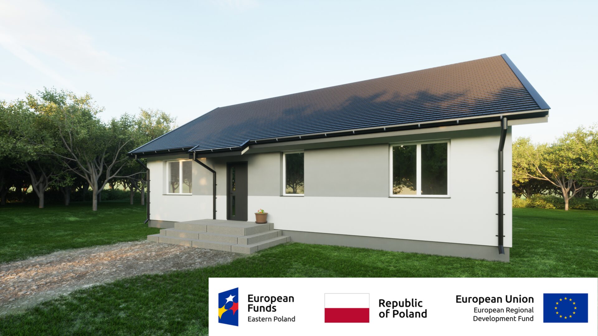 Nowoczesny dom jednorodzinny w otoczeniu zieleni, dofinansowany przez Unii Europejską i Polskę.