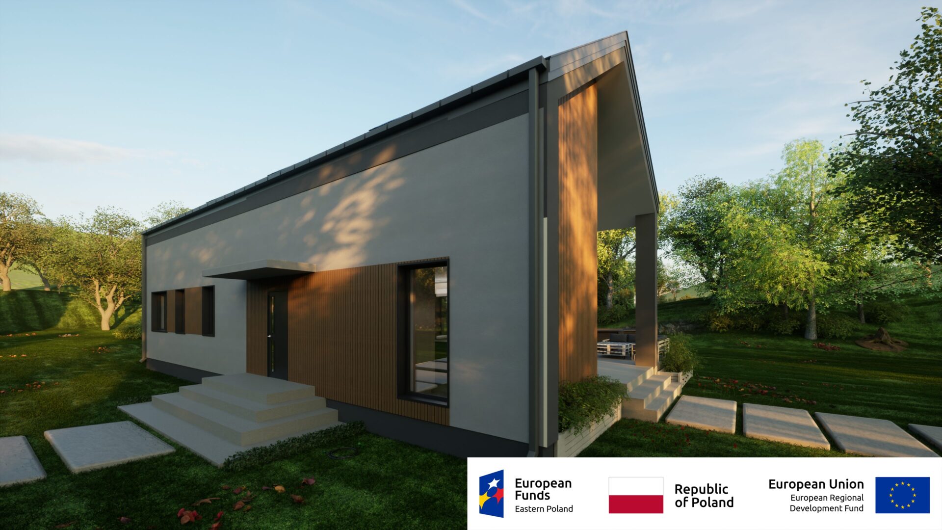 Nowoczesny dom jednorodzinny w otoczeniu zieleni, finansowany przez fundusze europejskie, Polska.