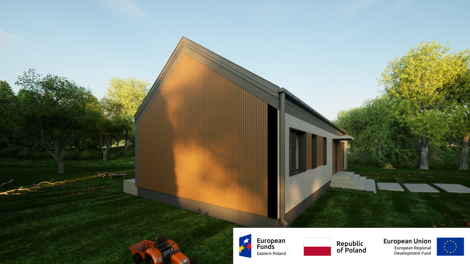 Nowoczesny dom jednorodzinny w otoczeniu zieleni, sfinansowany z funduszy UE i Polski Wschodniej.