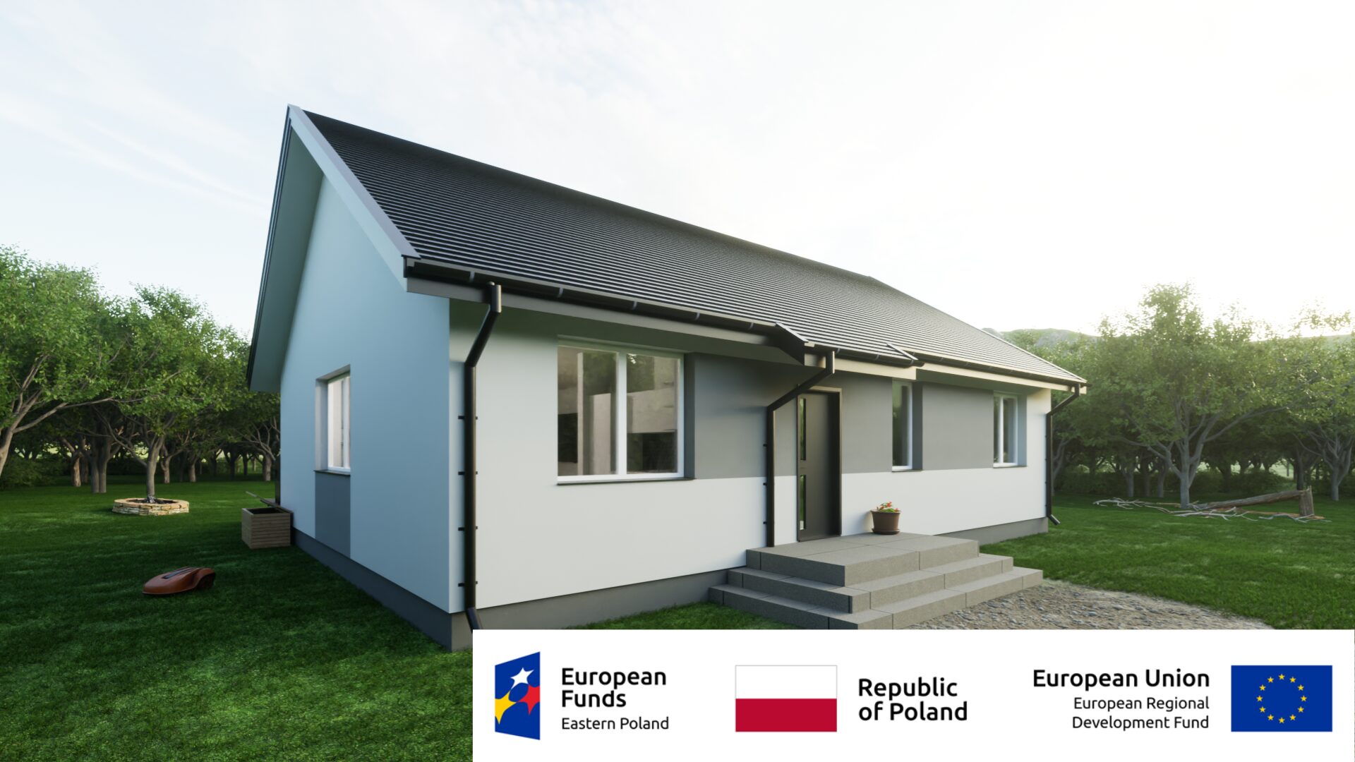 Nowoczesny dom jednorodzinny w otoczeniu zieleni, sfinansowany z funduszy UE i Republiki Polski.