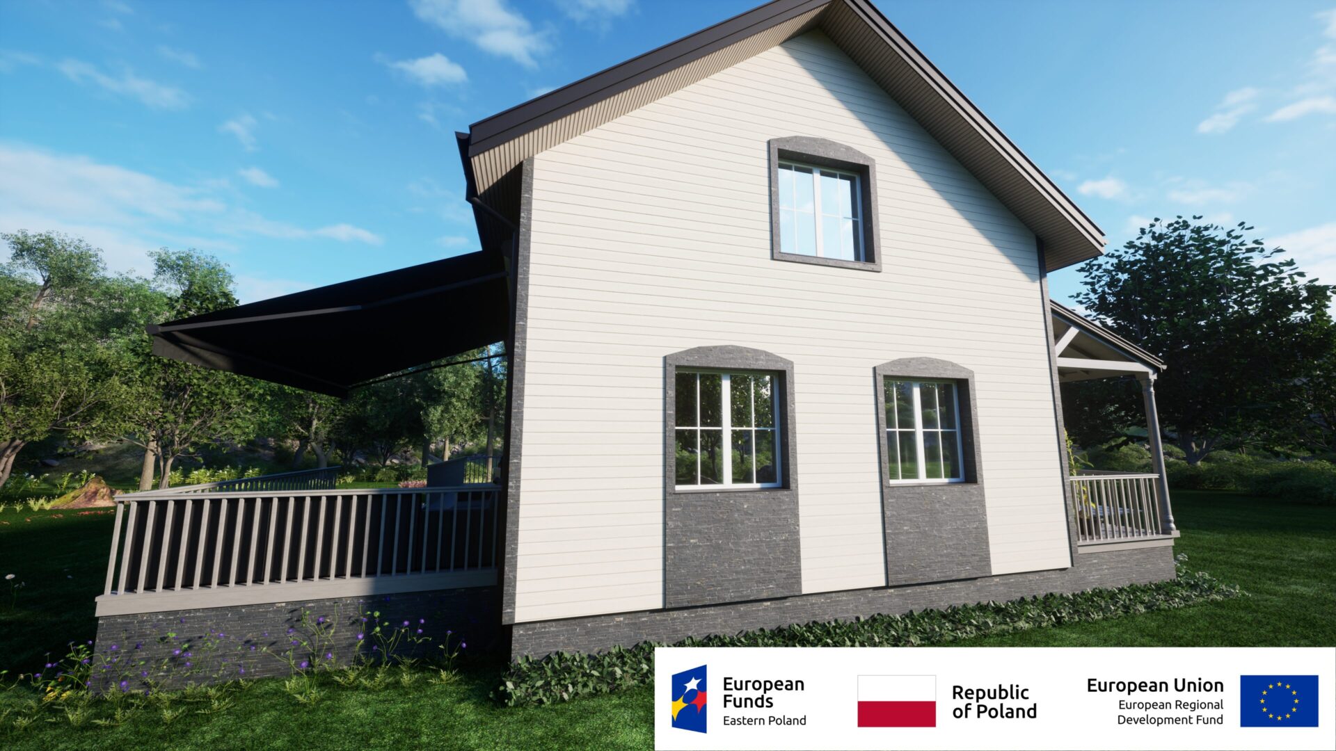 Nowoczesny dom jednorodzinny w zielonym otoczeniu, sfinansowany przez Fundusze Europejskie i Rzeczpospolitą Polską.