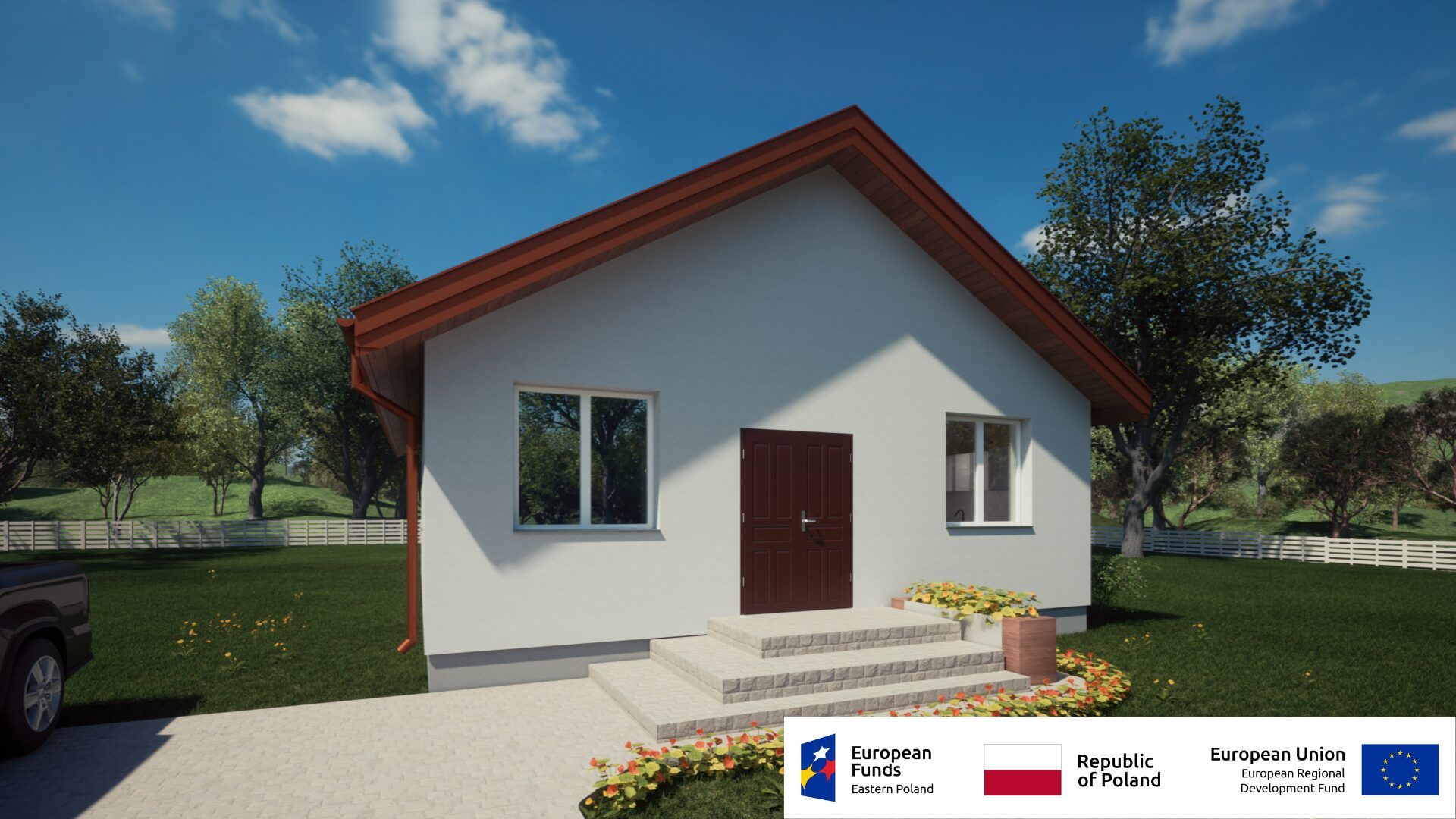 Nowoczesny dom jednorodzinny z brązowym dachem, otoczony zielenią i ogrodem pod jasnym, niebieskim niebem.