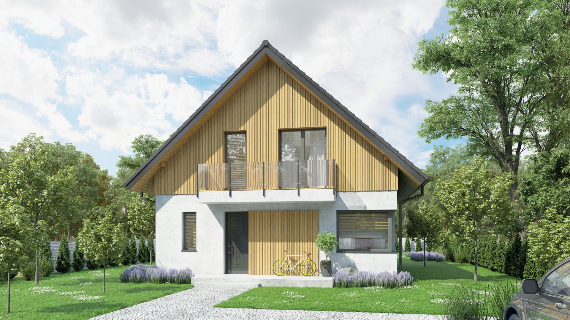 Nowoczesny dom jednorodzinny z drewnianą elewacją, otoczony zielenią, z zaparkowanym rowerem i zadbanym ogrodem.