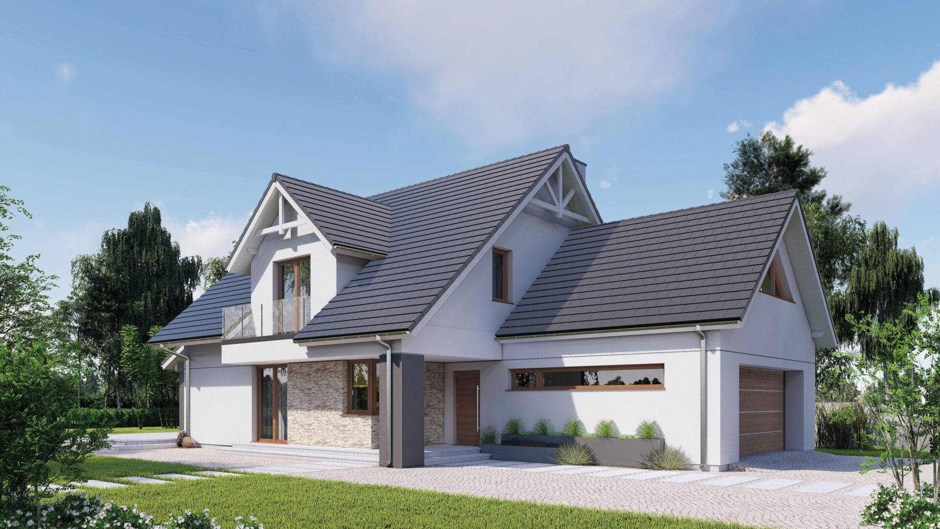 Nowoczesny dom jednorodzinny z dwuspadowym dachem, otoczony zielenią i niebem w tle.