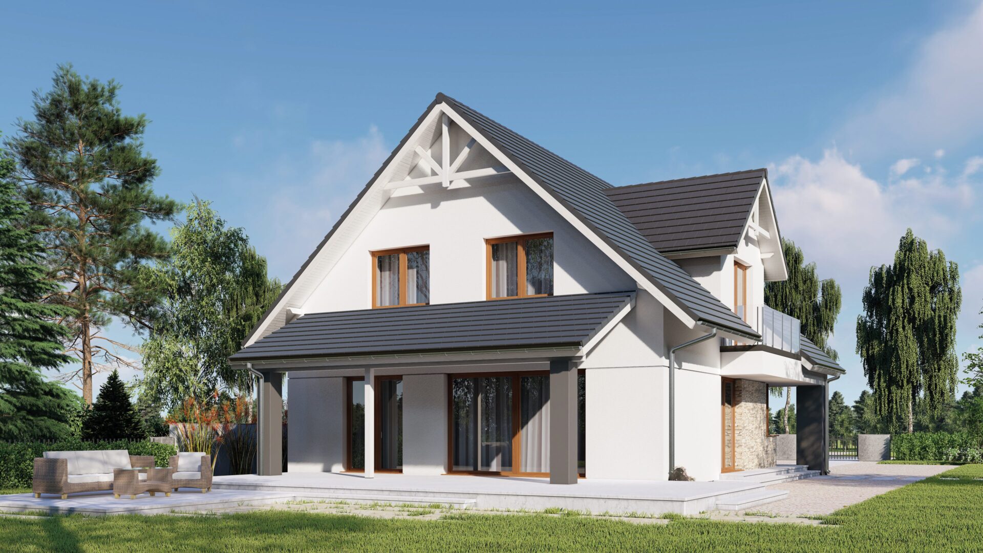 Nowoczesny dom jednorodzinny z jasną elewacją i dużymi oknami, otoczony zielenią, w pogodny, słoneczny dzień.