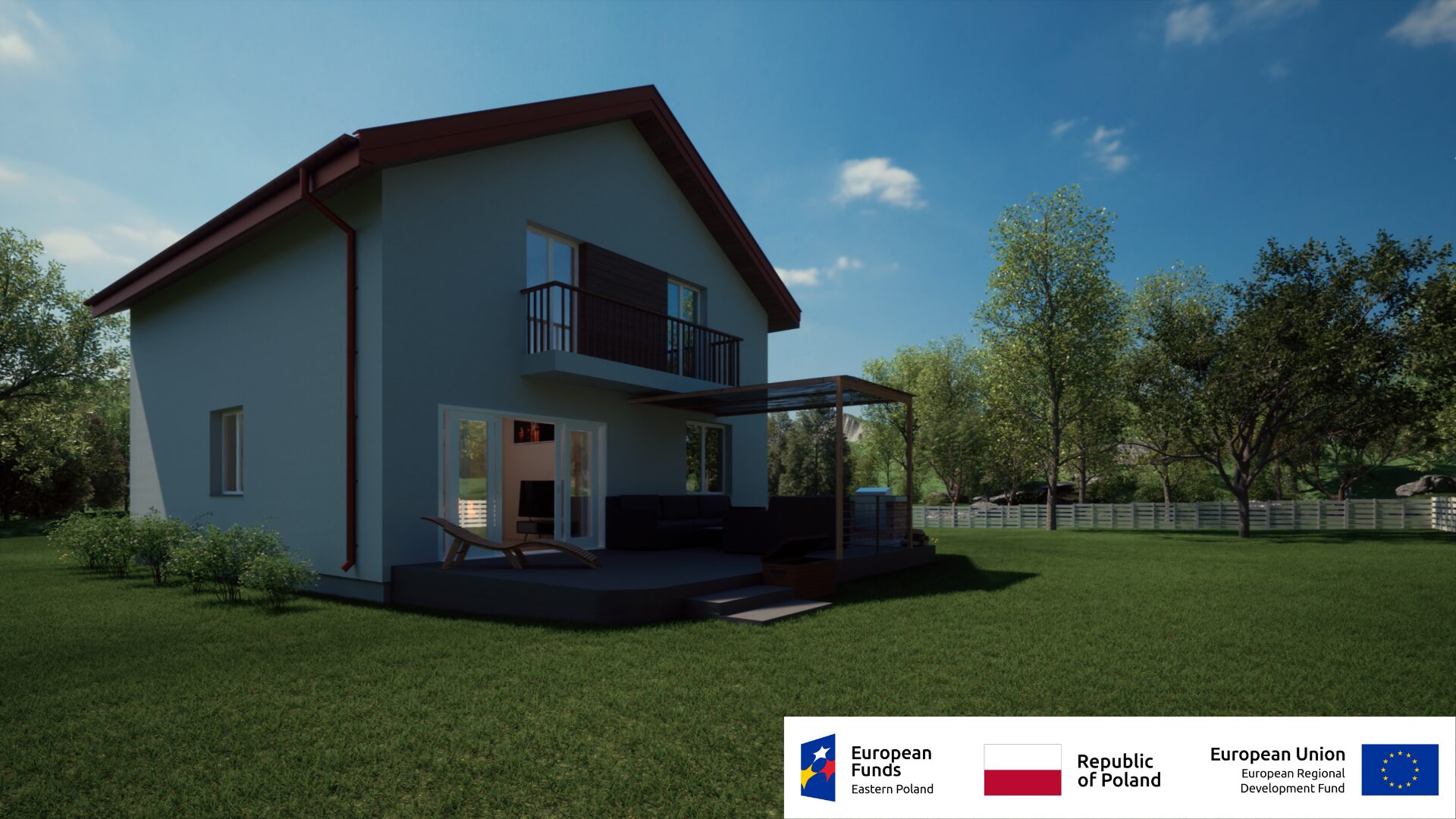 Nowoczesny dom jednorodzinny z ogrodem, dofinansowany przez Fundusze Europejskie, Polska.
