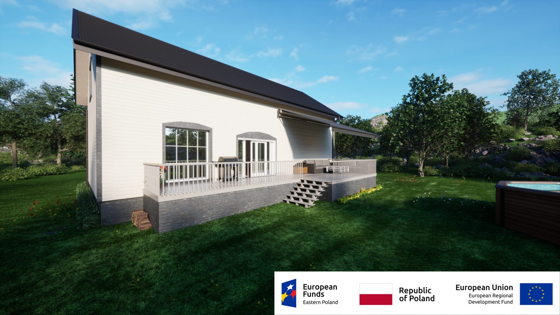 Nowoczesny dom jednorodzinny z przestronnym tarasem w malowniczym ogrodzie, współfinansowany z funduszy Unii Europejskiej.