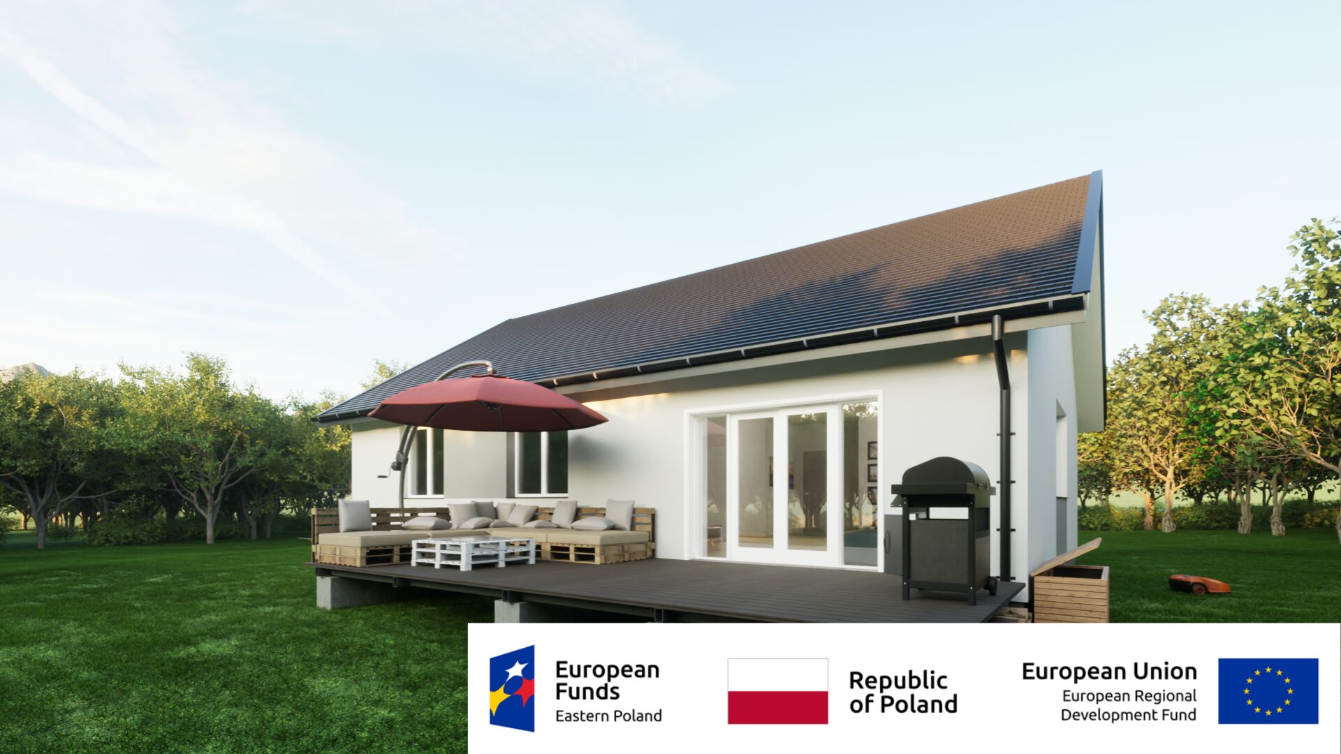 Nowoczesny dom jednorodzinny z tarasem, zielony ogród, fundusze unijne, Polska, wsparcie rozwoju regionalnego.