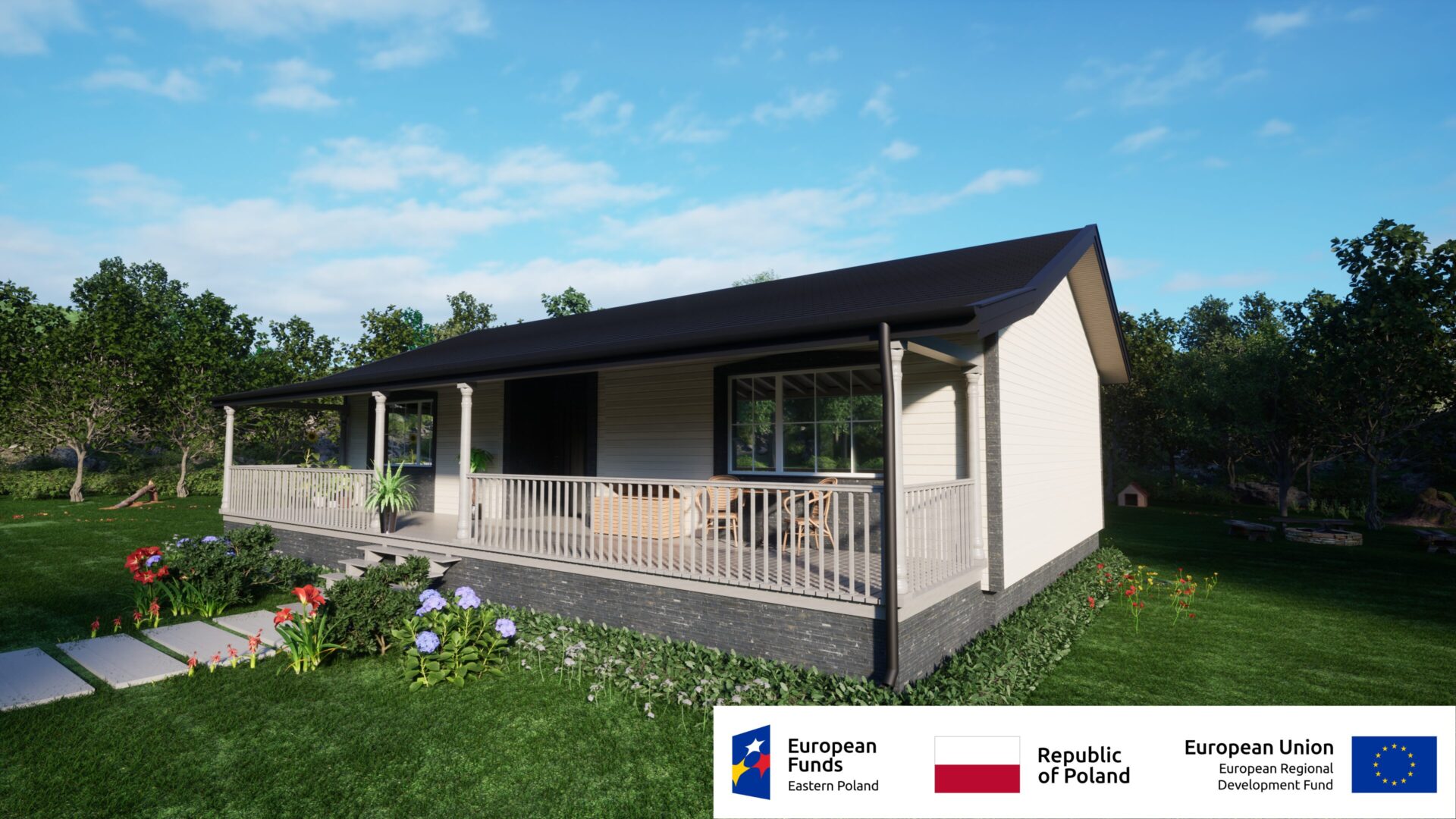 Nowoczesny dom jednorodzinny z werandą i ogrodem, dofinansowany z Funduszy Europejskich Programu Polska Wschodnia.