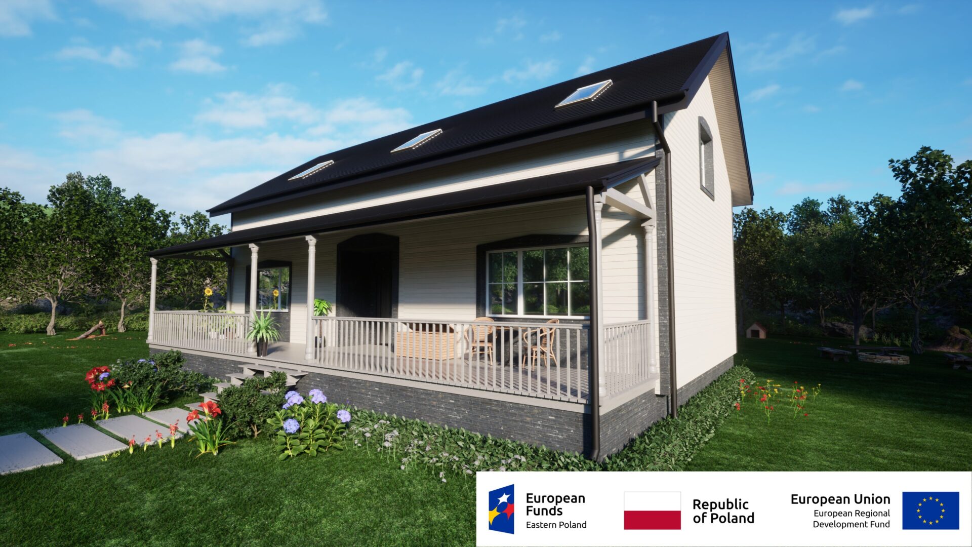 Nowoczesny dom jednorodzinny z werandą, otoczony zielenią, symbolizujący inwestycje wspierane przez Fundusze Europejskie.