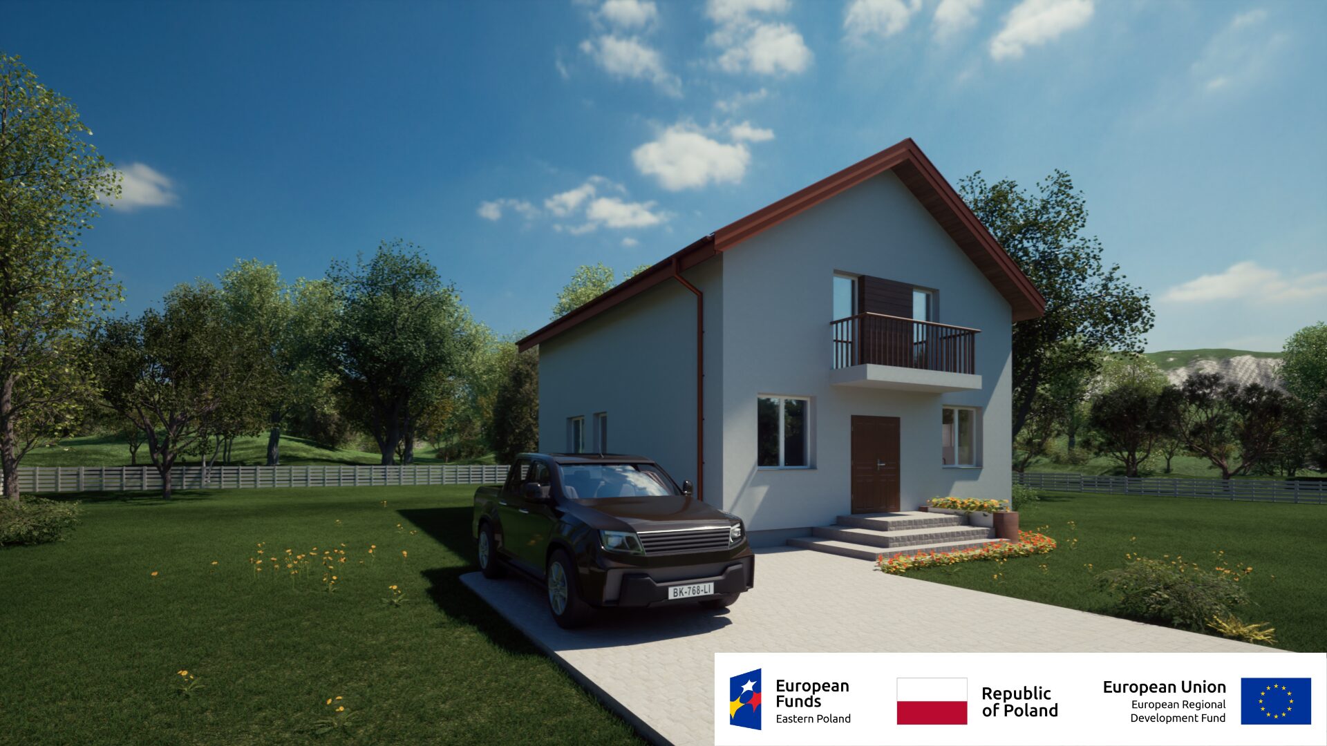 Nowoczesny dom jednorodzinny z zaparkowanym SUV-em na podjeździe, otoczony zielenią. Projekt współfinansowany przez UE.