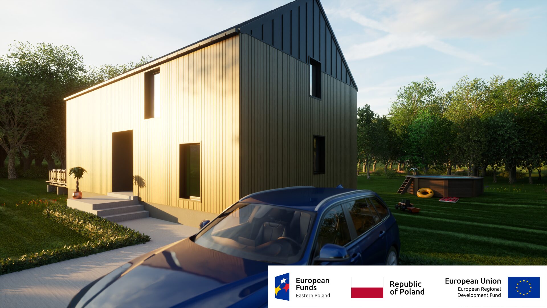 Nowoczesny dom w otoczeniu natury z basenem i samochodem w ogrodzie, wspierany przez fundusze europejskie.
