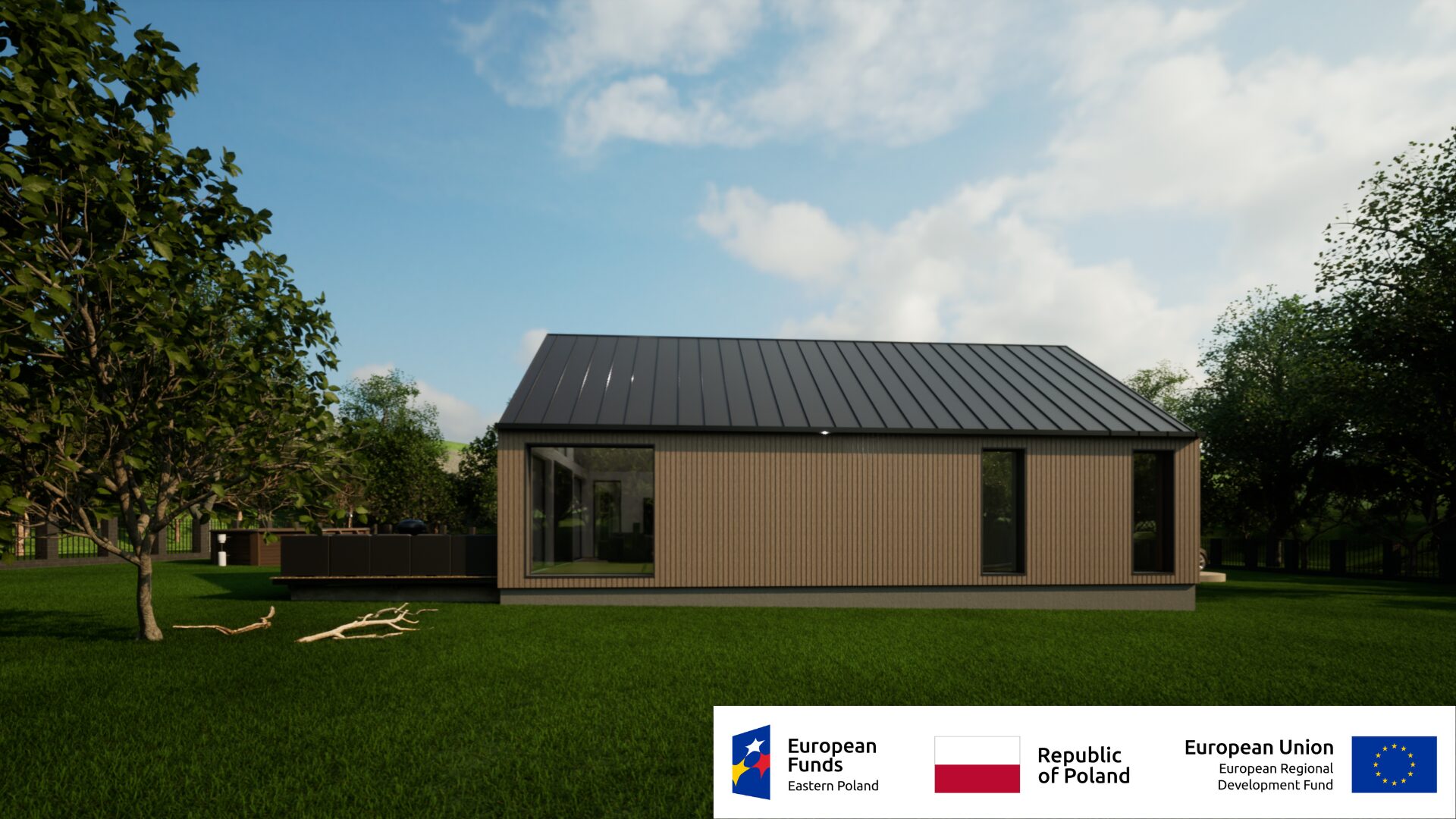 Nowoczesny dom z drewnianą elewacją i dużymi oknami na tle zieleni, wspartego funduszami Europejskimi.