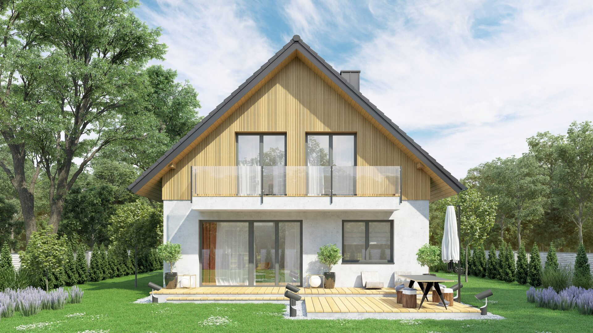 Nowoczesny dom z drewnianymi elementami, otoczony zielenią i ogrodem pod błękitnym niebem; widok z przodu.