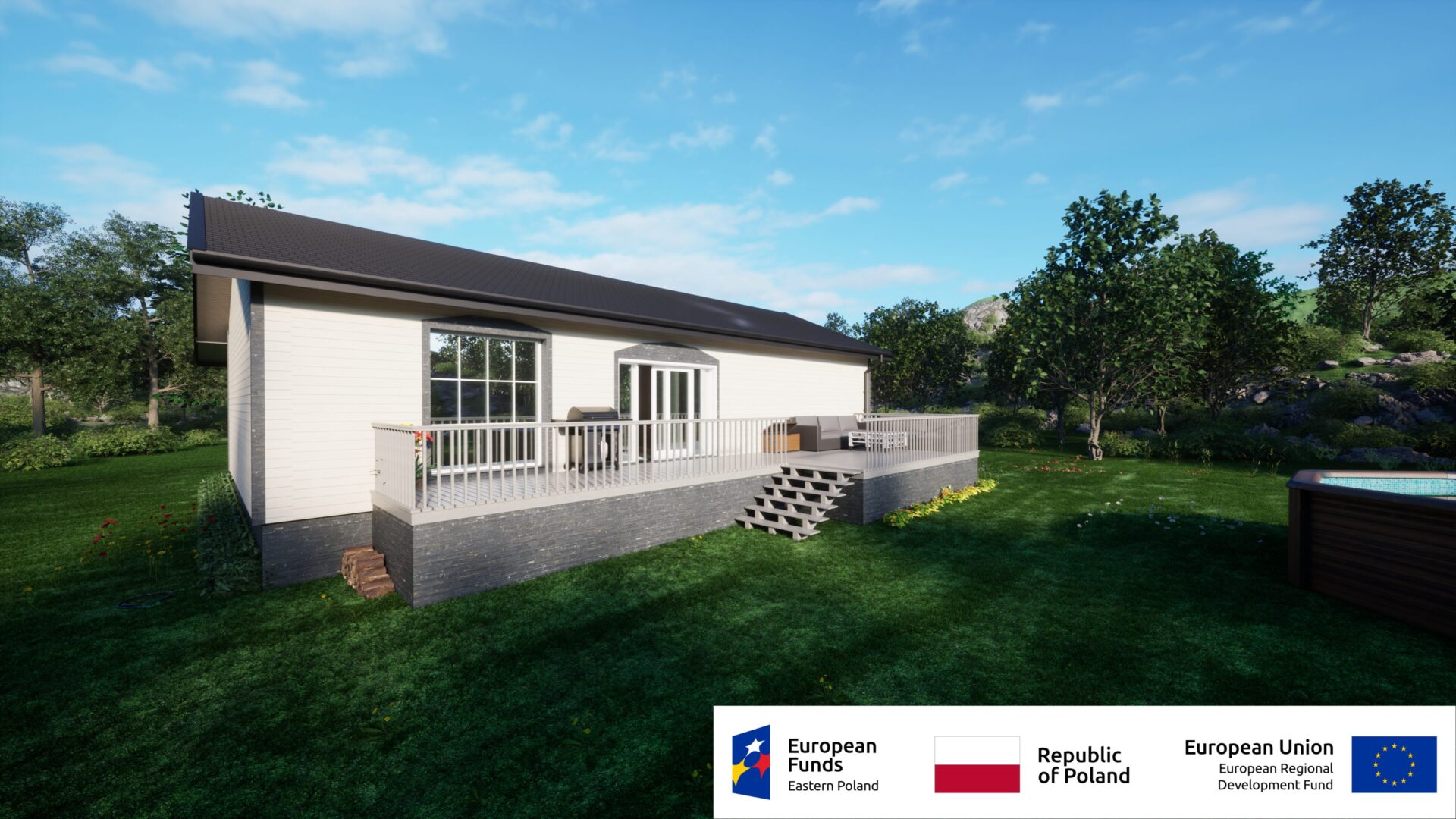 Nowoczesny dom z dużym tarasem w zielonym otoczeniu, finansowany przez Fundusze Europejskie, Polska.